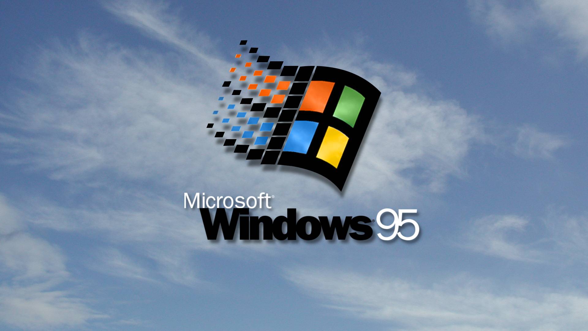 Windows 95 startup screen featuring the 95 logo on clouds